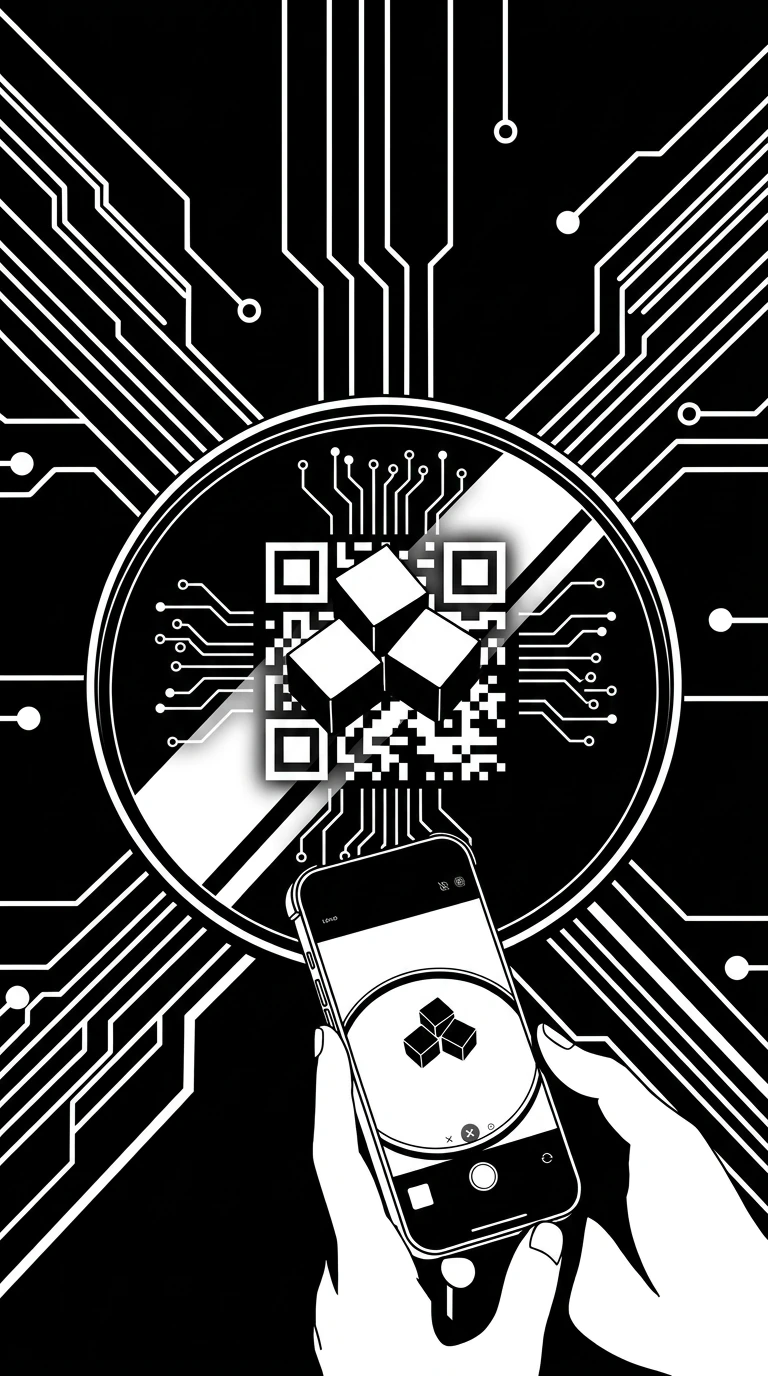 Black-and-white illustration combining circuit lines, a plate, geometric food and a phone camera