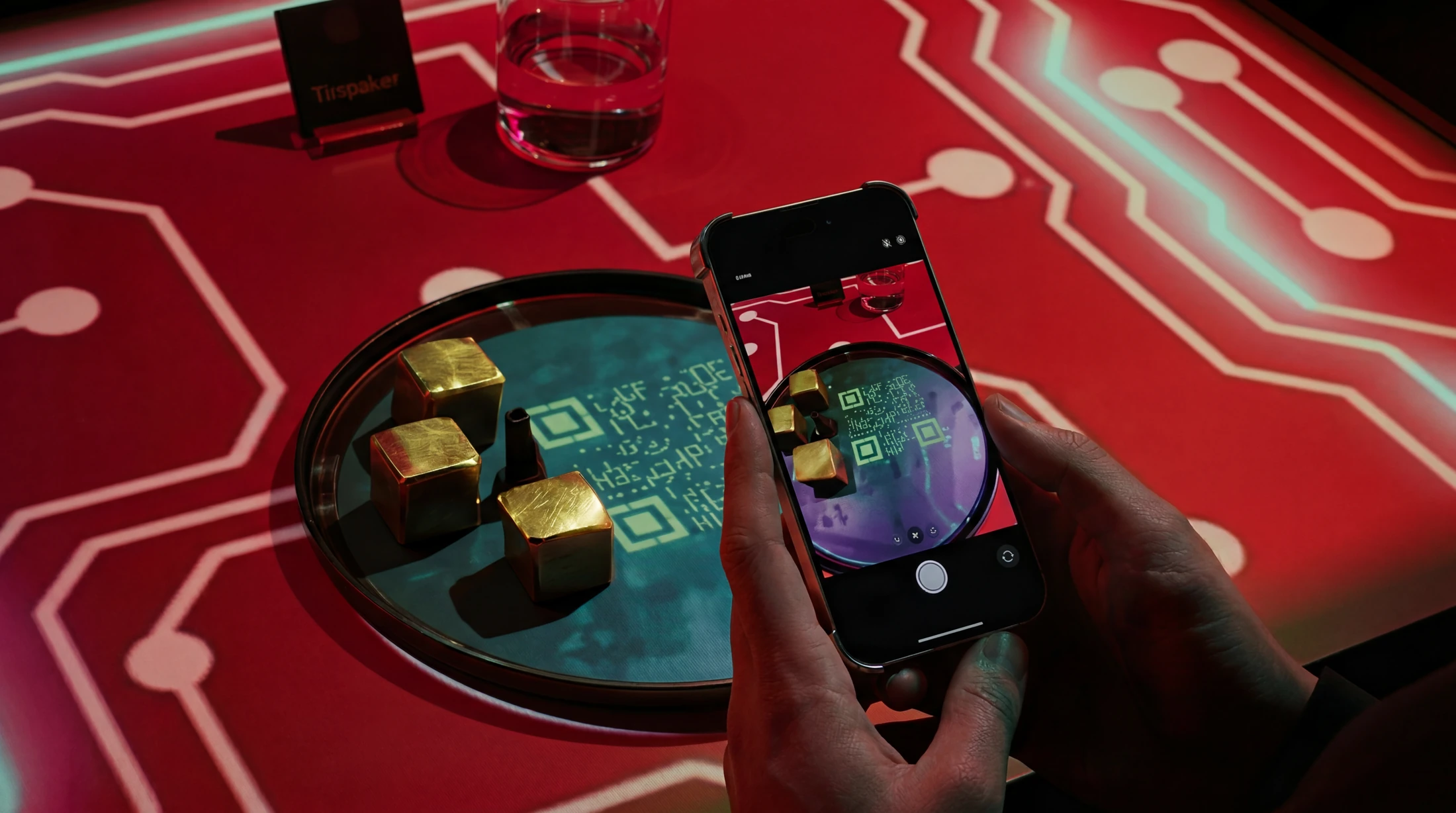 A phone viewing gold-coloured cubes on a plate, surrounded by red projected circuit patterns